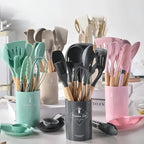 12 Pcs Non-Stick Silicone Kitchen Utensil Set with Wooden Handles - Silicone Kitchen Accessory | Sub Ka Mart Pakistan