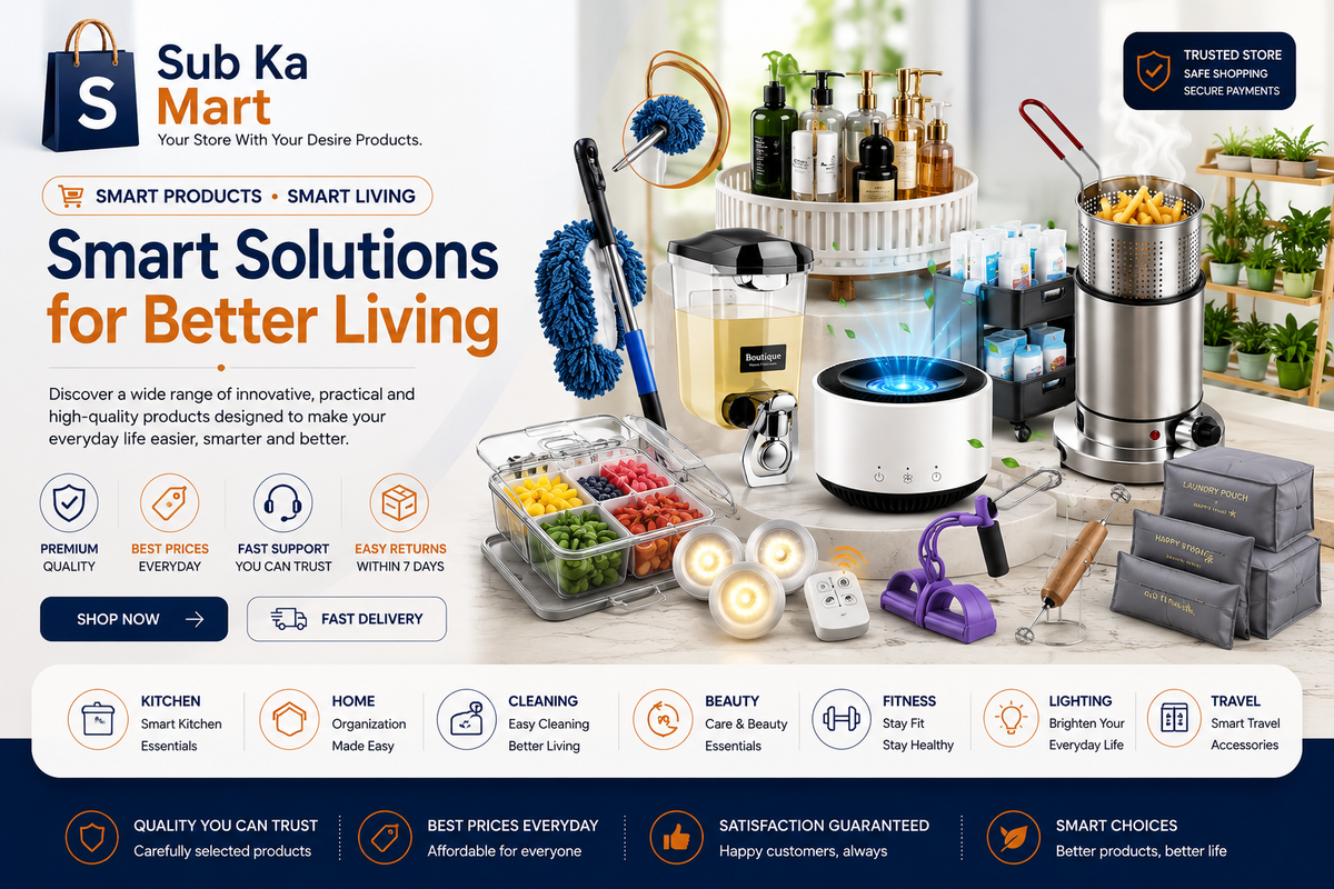 A promotional banner for Sub Ka Mart showcasing a collection of smart home and lifestyle products. The products include a smart kitchen whisk with a built-in steamer, a portable electric kettle, a mini coffee maker, a personal blender, a hair dryer, a travel power bank, and various cleaning tools, all arranged on a white background with promotional text and icons.