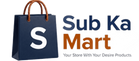 A logo graphic for 'Sub Ka Mart' featuring a navy blue shopping bag with brown handles and a white 'S' on the front, alongside the text 'Sub Ka Mart' in dark blue and orange, and the tagline 'Your Store With Your Desire Products' on a plain white background.